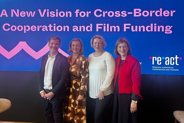 Alessandro Gropplero (managing director, Friuli Venezia-Giulia Audiovisual Fund), Nataša Bučar (managing director, Slovenian Film Centre), Maja Vukić (deputy chief executive officer, Croatian Audiovisual Centre) and Aleksandra Božović (managing director, Film Centre of Montenegro) during the presentation at the Marché du Film in May